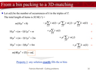 Fabrizio Marinelli - Cutting problems 32
From a bin packing to a 3D-matching
mLm  )1540( 4

 Let u(k) be the number of occurrences of k in the triples of T.
The total length of items is SUM( I ) =
=

Zk
kuk )(3
mm 48)1(10 44
 
)810( 4
m + 

ZkYjXi
kukjujiui )()()( 32

+mm  44
11)1(10  

Xi
iui )(
+mm 211)1(10 44
  

Yj
juj )(2

Property 1: any solution exactly fills the m bins
 