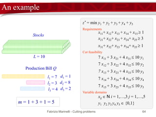 Fabrizio Marinelli - Cutting problems 64
An example
m = 1 + 3 + 1 = 5
L = 10
Stocks
Production Bill Q
l1 = 7
l3 = 4
l2 = 3
d1 = 1
d2 = 8
d3 = 2
z* = min y1 + y2 + y3 + y4 + y5
Requirements
x11+ x12+ x13 + x14 + x15  1
x21+ x22+ x23 + x24+ x25  3
x31+ x32+ x33 + x34+ x35  1
Cut feasibility
7 x11 + 3 x21 + 4 x31  10 y1
7 x12 + 3 x22 + 4 x32  10 y2
7 x13 + 3 x23 + 4 x33  10 y3
7 x14 + 3 x24 + 4 x34  10 y4
7 x15 + 3 x25 + 4 x35  10 y5
Variable domains
xij  N i = 1,…,3 j = 1,…,5
y1 y2 y3 y4 y5  {0,1}
 