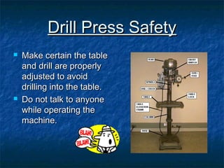 DDrriillll PPrreessss SSaaffeettyy 
 MMaakkee cceerrttaaiinn tthhee ttaabbllee 
aanndd ddrriillll aarree pprrooppeerrllyy 
aaddjjuusstteedd ttoo aavvooiidd 
ddrriilllliinngg iinnttoo tthhee ttaabbllee.. 
 DDoo nnoott ttaallkk ttoo aannyyoonnee 
wwhhiillee ooppeerraattiinngg tthhee 
mmaacchhiinnee.. 
 