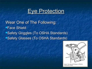 EEyyee PPrrootteeccttiioonn 
WWeeaarr OOnnee ooff TThhee FFoolllloowwiinngg:: 
FFaaccee SShhiieelldd 
SSaaffeettyy GGoogggglleess ((TToo OOSSHHAA SSttaannddaarrddss)) 
SSaaffeettyy GGllaasssseess ((TToo OOSSHHAA SSttaannddaarrddss)) 
 