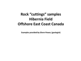 Rock “cuttings” samples
Hibernia Field
Offshore East Coast Canada
Examples provided by Glenn Power, (geologist)
 