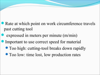 Rate at which point on work circumference travels
past cutting tool
 expressed in meters per minute (m/min)
Important to use correct speed for material
Too high: cutting-tool breaks down rapidly
Too low: time lost, low production rates
 