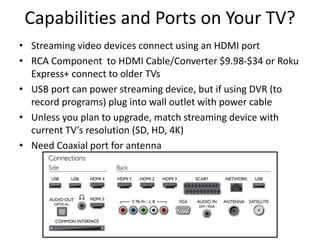 Capabilities and Ports on Your TV?
• Streaming video devices connect using an HDMI port
• RCA Component to HDMI Cable/Converter $9.98-$34 or Roku
Express+ connect to older TVs
• USB port can power streaming device, but if using DVR (to
record programs) plug into wall outlet with power cable
• Unless you plan to upgrade, match streaming device with
current TV’s resolution (SD, HD, 4K)
• Need Coaxial port for antenna
 