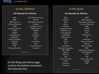 On the Sling.com home page
scroll to the bottom and select
the Channels link.
 