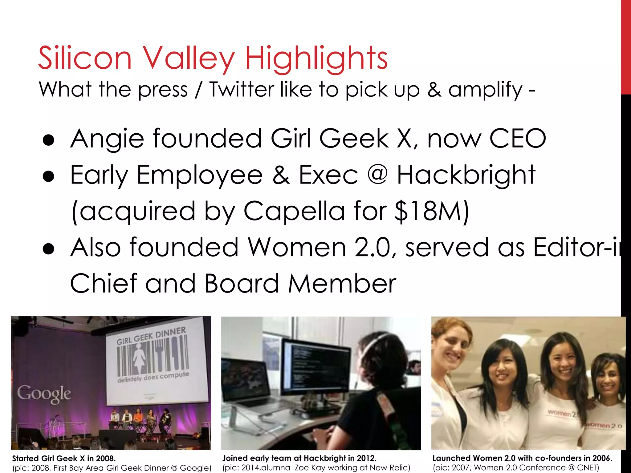 Started Girl Geek X in 2008.
(pic: 2008, First Bay Area Girl Geek Dinner @ Google)
Silicon Valley Highlights
What the press / Twitter like to pick up & amplify -
Joined early team at Hackbright in 2012.
(pic: 2014,alumna Zoe Kay working at New Relic)
● Angie founded Girl Geek X, now CEO
● Early Employee & Exec @ Hackbright
(acquired by Capella for $18M)
● Also founded Women 2.0, served as Editor-in
Chief and Board Member
Launched Women 2.0 with co-founders in 2006.
(pic: 2007, Women 2.0 Conference @ CNET)
 
