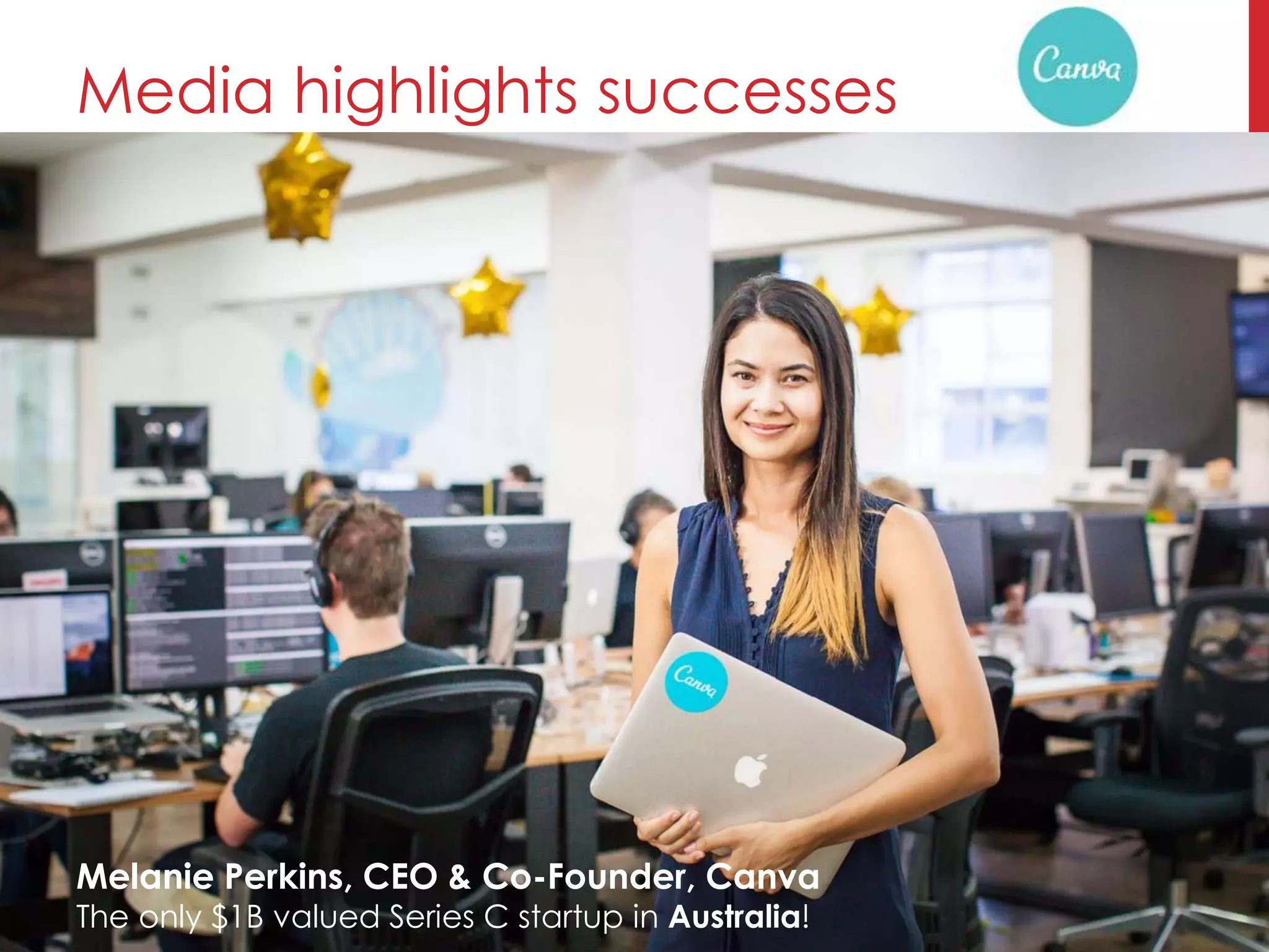 Media highlights successes
Melanie Perkins, CEO & Co-Founder, Canva
The only $1B valued Series C startup in Australia!
 