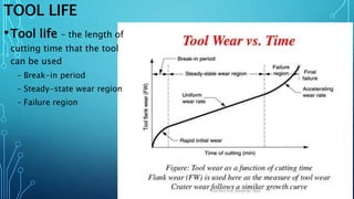 TOOL LIFE
•Tool life – the length of
cutting time that the tool
can be used
– Break-in period
– Steady-state wear region
– Failure region
 