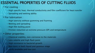 ESSENTIAL PROPERTIES OF CUTTING FLUIDS
• For cooling :
- High specific heat, thermal conductivity and film coefficient for heat transfer
- Spreading and wetting ability
• For lubrication :
- High lubricity without gumming and foaming
- Wetting and spreading
- High film boiling point
- Friction reduction at extreme pressure (EP) and temperature
• Other properties:
- Chemical stability, non-corrosive to the materials
- Less volatile and high flash point
- High resistance to bacterial growth
- Non toxic in both liquid and gaseous stage
- easily available and low cost
 