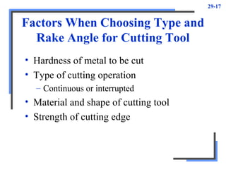 29-17
Factors When Choosing Type and
Rake Angle for Cutting Tool
• Hardness of metal to be cut
• Type of cutting operation
– Continuous or interrupted
• Material and shape of cutting tool
• Strength of cutting edge
 