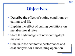 30-27
Objectives
• Describe the effect of cutting conditions on
cutting-tool life
• Explain the effect of cutting conditions on
metal-removal rates
• State the advantages of new cutting-tool
materials
• Calculate the economic performance and
cost analysis for a machining operation
 