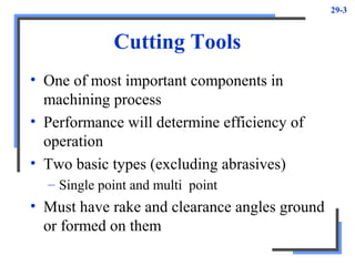 29-3
Cutting Tools
• One of most important components in
machining process
• Performance will determine efficiency of
operation
• Two basic types (excluding abrasives)
– Single point and multi point
• Must have rake and clearance angles ground
or formed on them
 