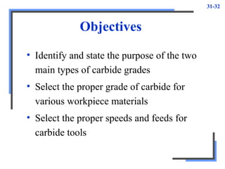 31-32
Objectives
• Identify and state the purpose of the two
main types of carbide grades
• Select the proper grade of carbide for
various workpiece materials
• Select the proper speeds and feeds for
carbide tools
 