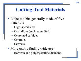 29-4
Cutting-Tool Materials
• Lathe toolbits generally made of five
materials
– High-speed steel
– Cast alloys (such as stellite)
– Cemented carbides
– Ceramics
– Cermets
• More exotic finding wide use
– Borazon and polycrystalline diamond
 