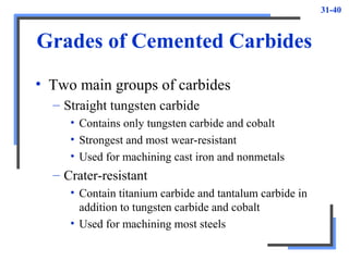31-40
Grades of Cemented Carbides
• Two main groups of carbides
– Straight tungsten carbide
• Contains only tungsten carbide and cobalt
• Strongest and most wear-resistant
• Used for machining cast iron and nonmetals
– Crater-resistant
• Contain titanium carbide and tantalum carbide in
addition to tungsten carbide and cobalt
• Used for machining most steels
 