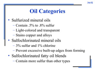 34-52
Oil Categories
• Sulfurized mineral oils
– Contain .5% to .8% sulfur
– Light-colored and transparent
– Stains copper and alloys
• Sulfochlorinated mineral oils
– 3% sulfur and 1% chlorine
– Prevent excessive built-up edges from forming
• Sulfochlorinated fatty oil blends
– Contain more sulfur than other types
 