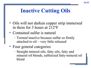 34-53
Inactive Cutting Oils
• Oils will not darken copper strip immersed
in them for 3 hours at 212ºF
• Contained sulfur is natural
– Termed inactive because sulfur so firmly
attached to oil – very little released
• Four general categories
– Straight mineral oils, fatty oils, fatty and
mineral oil blends, sulfurized fatty-mineral oil
blend
 