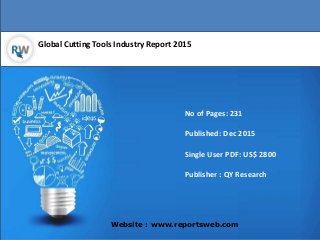 Global Cutting Tools Industry Report 2015
Website : www.reportsweb.com
No of Pages: 231
Published: Dec 2015
Single User PDF: US$ 2800
Publisher : QY Research
 