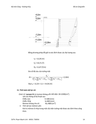 Bộ môn Cảng – Đường thủy                                                                                              Đồ án Cảng biển



                                 +5,5m
                                                                                                                                             0
                                 +2,6m                                         0,27                                                          1

                                                                               0,9                                                           2

                                                                               1,5                                                               3

                                                                               1,8                                                               4

                                                                               1,8                                                           5

                                                                               1,8                                                           6
                                                                                                                           1343
                                                                               1,8                                                       7

                                                                               1,8                                                       8

                                                                               1,8                                                   9

                                                                               1,8                                              10

                                                                               1,8                                         11

                                 -7,23m                                        1,8                                    12

                                                                               1,8                               13

                                                                               1,215                        14



                                -11,03m                                 1,73
                                                                                                  16
                                                                                                       15

                                                                       5,19
                                                                                                  1360
                                                -12,26m                8,65                   17

                                                                                                  18
                                                                      15,655
                                                                      22,48                            19

                                                                     25.575




                     Bằng phương pháp đồ giải ta xác định được các đại lượng sau:


                               t0 = 12,26 (m)

                               Ep’= 63,71 (T)

                               Ra= 11,67 (T/m)

                     Gia số độ sâu của tường mặt

                                                    Ep '
                      t                                                               2,1(m)
                             2 p  hi  itc  cpc   a  hi  itc  c ac 
                                                                             

                     Vậy tp = 12,26 + 2,1 = 14,36 (m)


       11. Tính toán nội lực cừ:

         Chọn cừ Larssen IV có momen kháng uốn tiết diện :W=2200(cm 3)
             Với các thông số kỹ thuật sau:
             Chiều cao:                   h=180 (mm)
             Chiều rộng                   b=400 (mm)
             Momen kháng cho c   ừ:        Wx=880 (cm3)
           Tính nội lực mômen uốn:
             Giá trị mômen ở nhịp trong một cấu kiện tường mặt được xác định theo công
             thức:



SVTH: Phạm Mạnh Linh - MSSV: 736954                                                                                                                  14
 