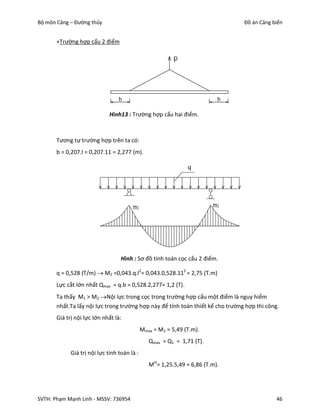 Bộ môn Cảng – Đường thủy                                                        Đồ án Cảng biển


       +Trường hợp cẩu 2 điểm

                                                           p




                                  b                                         b

                              Hình13 : Trường hợp cẩu hai điểm.



       Tương tự trường hợp trên ta có:
       b = 0,207.l = 0,207.11 = 2,277 (m).

                                                                q




                                        m2                                m2




                                                       m2
                                   Hình : Sơ đồ tính toán cọc cẩu 2 điểm.

       q = 0,528 (T/m)  M2 =0,043.q.l2= 0,043.0,528.112 = 2,75 (T.m)
       Lực cắt lớn nhất Qmax = q.b = 0,528.2,277= 1,2 (T).
       Ta thấy M1 > M2 Nội lực trong cọc trong trường hợp cẩu một điểm là nguy hiểm
       nhất.Ta lấy nội lực trong trường hợp này để tính toán thiết kế cho trường hợp thi công.
       Giá trị nội lực lớn nhất là:
                                              Mmax = M1 = 5,49 (T.m).
                                                 Qmax = Q1 = 1,71 (T).
             Giá trị nội lực tính toán là :
                                                 Mtt= 1,25.5,49 = 6,86 (T.m).




SVTH: Phạm Mạnh Linh - MSSV: 736954                                                          46
 
