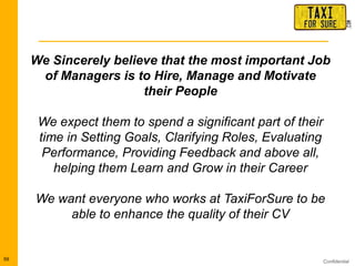 Confidential59
We Sincerely believe that the most important Job
of Managers is to Hire, Manage and Motivate
their People
We expect them to spend a significant part of their
time in Setting Goals, Clarifying Roles, Evaluating
Performance, Providing Feedback and above all,
helping them Learn and Grow in their Career
We want everyone who works at TaxiForSure to be
able to enhance the quality of their CV
 