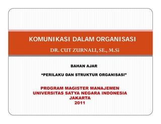 KOMUNIKASI DALAM ORGANISASI
      DR. CUT ZURNALI, SE., M.Si

              BAHAN AJAR

   “PERILAKU DAN STRUKTUR ORGANISASI”


   PROGRAM MAGISTER MANAJEMEN
UNIVERSITAS SATYA NEGARA INDONESIA
             JAKARTA
               2011
 
