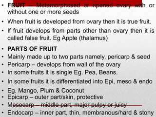 • FRUIT -- Metamorphosed or ripened ovary with or
without one or more seeds
• When fruit is developed from ovary then it is true fruit.
• If fruit develops from parts other than ovary then it is
called false fruit. Eg Apple (thalamus)
• PARTS OF FRUIT
• Mainly made up to two parts namely, pericarp & seed
• Pericarp – develops from wall of the ovary
• In some fruits it is differentiated into Epi, meso & endo
• Epicarp – outer part/skin, protective
• Mesocarp – middle part, major pulpy or juicy
• Endocarp – inner part, thin, membranous/hard & stony
• In some fruits it is single Eg. Pea, Beans.
• Eg. Mango, Plum & Coconut
 