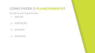 COMO FAZER O PLANEJAMENTO?
Divide-se em 4 premissas:
1. ANÁLISE
2. ADAPTAÇÃO
3. ATIVAÇÃO
4. CONTROLE
 