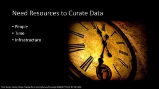 Need Resources to Curate Data
• People
• Time
• Infrastructure
Toni Verdu Carbo, https://www.flickr.com/photos/tonivc/2283676770 (CC BY-NC-ND)
 