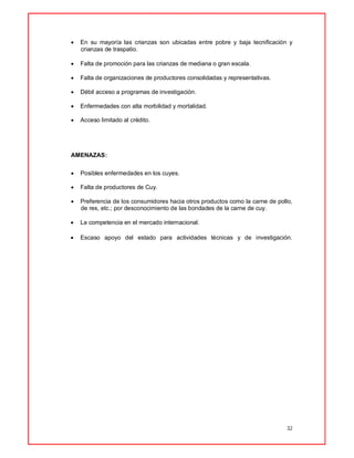 32
 En su mayoría las crianzas son ubicadas entre pobre y baja tecnificación y
crianzas de traspatio.
 Falta de promoción para las crianzas de mediana o gran escala.
 Falta de organizaciones de productores consolidadas y representativas.
 Débil acceso a programas de investigación.
 Enfermedades con alta morbilidad y mortalidad.
 Acceso limitado al crédito.
AMENAZAS:
 Posibles enfermedades en los cuyes.
 Falta de productores de Cuy.
 Preferencia de los consumidores hacia otros productos como la carne de pollo,
de res, etc.; por desconocimiento de las bondades de la carne de cuy.
 La competencia en el mercado internacional.
 Escaso apoyo del estado para actividades técnicas y de investigación.
 