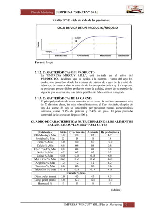 Plan de Marketing [EMPRESA “MIKCUY” SRL]
EMPRESA “MIKCUY” SRL. |Plan de Marketing 10
Grafico N° 01 ciclo de vida de los productos.
Fuente: Propia
2.1.2. CARACTERÍSTICAS DEL PRODUCTO
La “EMPRESA MIKCUY S.R.L”, está incluida en el rubro del
PRODUCTO, incidimos que se dedica a la compra – venta del cuy; los
cuales, son proveídos desde los centros de crianza de cuyes de la ciudad de
Abancay, de manera directa a través de los compradores de cuy. La empresa,
se preocupa porque dichos productos sean de calidad, dentro de su periodo de
vigencia y/o vencimiento, sin daños posibles de fabricación o transporte.
2.1.3. CARACTERÍSTICAS DE LA CARNE:
El principal producto de estos animales es su carne, la cual se consume en más
de 50 distintos platos, los más sobresalientes son: el Cuy chactado, el pipián de
cuy .La carne de cuy se caracteriza por presentar buenas características
nutritivas, como 19.1% de proteína y 7.41% de grasa, El peso promedio
comercial de las carcasas llegan a 600 g.
CUADRO DE CARACTERISTICAS NUTRICIONALES DE LOS ALIMENTOS
BALANCEADOS “La Molina” PARA CUYES
Nutrientes Inicio Crecimiento Acabado Reproductores
ED(Mcal/kg), Min 3.0 2.8 2.7 2.9
Proteína %, Min 20 18 18 18
Fibra % ,Min 8.0 8.0 8.0 10.0
Calcio % ,Min 0.8 0.8 0.8 0.8
Fósf. Total %, Min 0.8 0.8 0.8 0.8
Sodio % ,Min. 0.2 0.2 0.2 0.2
Lisina % ,Min. 0.84 0.84 0.84 0.84
Met + Cist %, Min 0.60 0.60 0.60 0.60
Arginina %, Min 1.2 1.2 1.2 1.2
Treonina %, Min 0.6 0.6 0.6 0.6
Triptofano %, Min 0.18 0.18 0.18 0.18
Características
Diám. pellet (mm) 3.0 4.5 4.5 4.5
Long. pellet (mm) 8.0 12.0 12.0 12.0
Humedad % 10 10 10 10
(Molina)
 