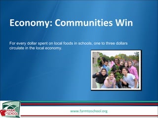 Economy: Communities Win For every dollar spent on local foods in schools, one to three dollars circulate in the local economy.  