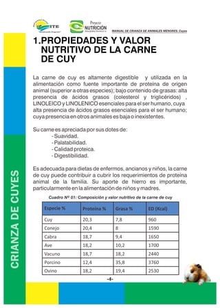 La carne de cuy es altamente digestible y utilizada en la
alimentación como fuente importante de proteína de origen
animal (superior a otras especies); bajo contenido de grasas: alta
presencia de ácidos grasos (colesterol y triglicéridos) ,
LINOLEICO y LINOLENICO esenciales para el ser humano, cuya
alta presencia de ácidos grasos esenciales para el ser humano;
cuya presencia en otros animales es baja o inexistentes.
Su carne es apreciada por sus dotes de:
- Suavidad.
- Palatabilidad.
- Calidad proteica.
- Digestibilidad.
Es adecuada para dietas de enfermos, ancianos y niños, la carne
de cuy puede contribuir a cubrir los requerimientos de proteína
animal de la familia. Su aporte de hierro es importante,
particularmente en la alimentación de niños y madres.
1.PROPIEDADES Y VALOR
NUTRITIVO DE LA CARNE
DE CUY
Especie % Proteína % Grasa % ED (Kcal)
Cuy 20,3 7,8 960
Conejo 20,4 8 1590
Cabra 18,7 9,4 1650
Ave 18,2 10,2 1700
Vacuno 18,7 18,2 2440
Porcino 12,4 35,8 3760
Ovino 18,2 19,4 2530
CRIANZADECUYES
Cuadro Nº 01: Composición y valor nutritivo de la carne de cuy
-4-
NUTRICIÓNMunicipalidad Distrital de Ite
Proyecto
MANUAL DE CRIANZA DE ANIMALES MENORES: Cuyes
 