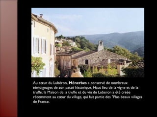 Au cœur du Lubéron, Ménerbes a conservé de nombreux
témoignages de son passé historique. Haut lieu de la vigne et de la
truffe, la Maison de la truffe et du vin du Luberon a été créée
récemment au cœur du village, qui fait partie des "Plus beaux villages
de France.
 
