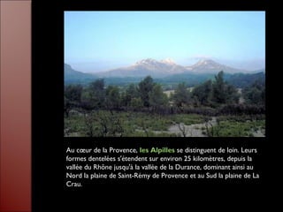 Au cœur de la Provence, les Alpilles se distinguent de loin. Leurs
formes dentelées s'étendent sur environ 25 kilomètres, depuis la
vallée du Rhône jusqu'à la vallée de la Durance, dominant ainsi au
Nord la plaine de Saint-Rémy de Provence et au Sud la plaine de La
Crau.
 