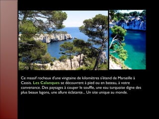 Ce massif rocheux d'une vingtaine de kilomètres s'étend de Marseille à
Cassis. Les Calanques se découvrent à pied ou en bateau, à votre
convenance. Des paysages à couper le souffle, une eau turquoise digne des
plus beaux lagons, une allure éclatante... Un site unique au monde.
 