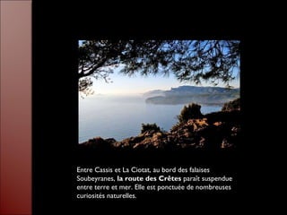 Entre Cassis et La Ciotat, au bord des falaises
Soubeyranes, la route des Crêtes paraît suspendue
entre terre et mer. Elle est ponctuée de nombreuses
curiosités naturelles.
 