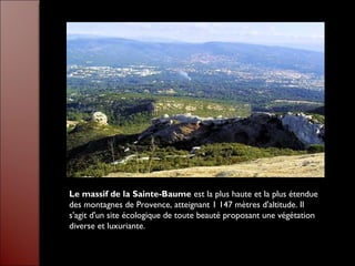 Le massif de la Sainte-Baume est la plus haute et la plus étendue
des montagnes de Provence, atteignant 1 147 mètres d'altitude. Il
s'agit d'un site écologique de toute beauté proposant une végétation
diverse et luxuriante.
 