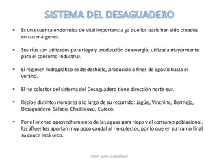 PROF. MARY SUASNÁBAR
 Es una cuenca endorreica de vital importancia ya que los oasis han sido creados
en sus márgenes.
 Sus ríos son utilizados para riego y producción de energía, utilizada mayormente
para el consumo industrial.
 El régimen hidrográfico es de deshielo, producido a fines de agosto hasta el
verano.
 El río colector del sistema del Desaguadero tiene dirección norte-sur.
 Recibe distintos nombres a lo largo de su recorrido: Jagüe, Vinchina, Bermejo,
Desaguadero, Salado, Chadileuvú, Curacó.
 Por el intenso aprovechamiento de las aguas para riego y el consumo poblacional,
los afluentes aportan muy poco caudal al río colector, por lo que en su tramo final
su cauce está seco.
 