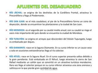 PROF. MARY SUASNÁBAR
 RÍO JÁCHAL: se origina de los deshielos de la Cordillera Frontal, atraviesa la
Precordillera y llega al Piedemonte.
 RÍO SAN JUAN: es el más caudaloso; al pie de la Precordillera forma un cono de
deyección, donde se encuentran las plantaciones y la ciudad de San Juan.
 RÍO MENDOZA: es el segundo por su caudal medio anual; con su caudal se riega el
oasis más importante del país donde se encuentra la ciudad de Mendoza.
 RÍO TUNUYÁN: se origina en arroyos que descienden del Volcán Tupungato, luego
es embalsado por diques.
 RÍO DIAMANTE: nace en la laguna Diamante. En su curso inferior es un cauce seco
y solo en ocasiones extraordinarias llega al río colector.
 RÍO ATUEL: nace en la laguna Atuel. En el curso superior presenta saltos debido a
la gran pendiente. Está embalsado en El Nihuil, luego atraviesa la sierra de San
Rafael mediante un cañón que se convirtió en un atractivo turístico mendocino.
Rara vez llega al colector porque en su curso inferior atraviesa una zona arenosa y
salitrosa en la que pierde gran cantidad de agua.
 