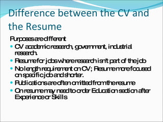 Difference between the CV and the Resume Purposes are different CV academic research, government, industrial research. Resume for jobs where research isn't part of the job No length requirement on CV; Resume more focused on specific job and shorter. Publications are often omitted from the resume On resume may need to order Education section after Experience or Skills 