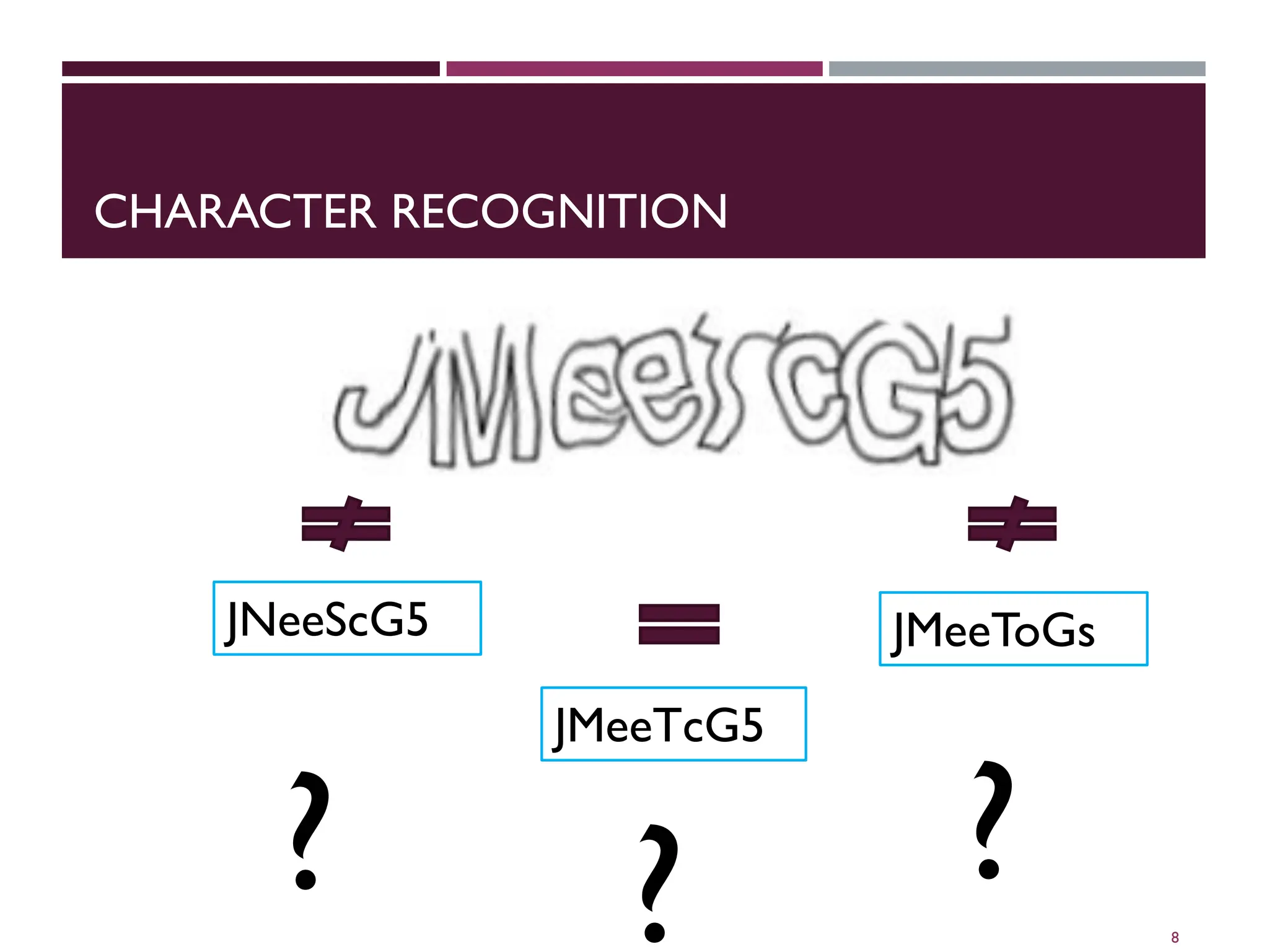 CHARACTER RECOGNITION
8
JMeeTcG5
JNeeScG5 JMeeToGs
? ?
?
 