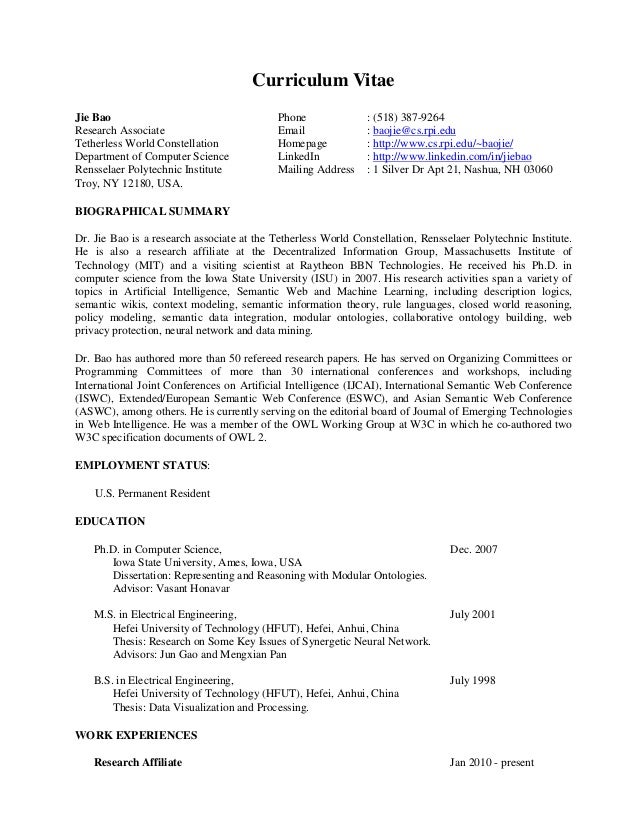 curriculum vitae jie bao research associate tetherless world constellation department of computer science rensselaer polyt - Computer Science Research Resume 2 curriculum vitae jie bao research associate tetherless world constellation department of computer science rensselaer polyt - Computer Science Research Resume 2