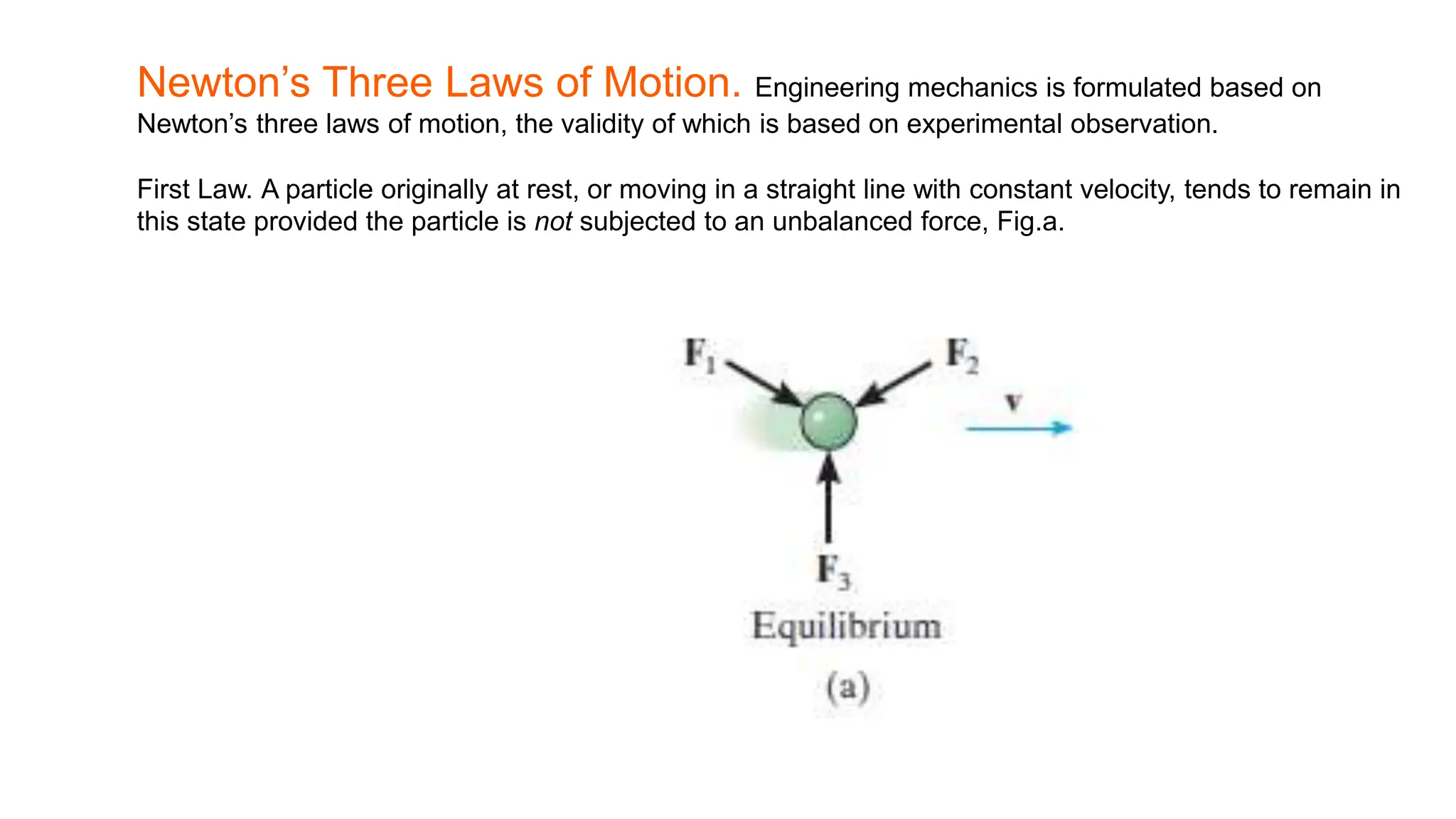 Newton’s Three Laws of Motion. Engineering mechanics is formulated based on
Newton’s three laws of motion, the validity of which is based on experimental observation.
First Law. A particle originally at rest, or moving in a straight line with constant velocity, tends to remain in
this state provided the particle is not subjected to an unbalanced force, Fig.a.
 
