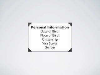 Personal Information
     Date of Birth
     Place of Birth
      Citizenship
      Visa Status
        Gender
 