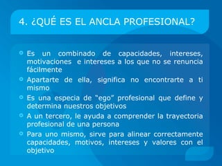 4. ¿QUÉ ES EL ANCLA PROFESIONAL?


   Es un combinado de capacidades, intereses y
    motivaciones a los que no se renuncia fácilmente
   Apartarte de ella, significa no encontrarte a ti
    mismo
   Es una especia de “ego” profesional que define y
    determina nuestros objetivos
   A un tercero, le ayuda a comprender la trayectoria
    profesional de una persona
   Para uno mismo, sirve para alinear correctamente
    capacidades, motivos, intereses y valores con el
    objetivo
 