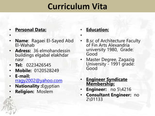 curriculum vitae
• Personal Data:
•
• Name: Ragaei El-Sayed Abd
El-Wahab
• Adress: 36 elmohandessin
buildings elgabal elakhdar
nasr
• Tel: 0223426545
• Mobile: 0120528249
• E-mail:
rragy2002@yahoo.com
• Nationality :Egyptian
• Religion: Moslem
•
• Education:
•
• B.sc of Architecture Faculty
of Fin Arts Alexandria
university 1980, Grade:
Good
• Master Degree, Zagazig
University - 1991 grade:
Good
• Engineer Syndicate
Membership:
• Engineer: no 54216
• Consultant Engineer: no
201133
Curriculum Vita
 