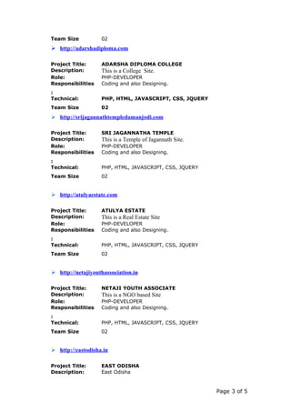 Team Size 02
 http://adarshadiploma.com
Project Title: ADARSHA DIPLOMA COLLEGE
Description: This is a College Site.
Role: PHP-DEVELOPER
Responsibilities
:
Coding and also Designing.
Technical:
Team Size
PHP, HTML, JAVASCRIPT, CSS, JQUERY
02
 http://srijagannathtempledamanjodi.com
Project Title: SRI JAGANNATHA TEMPLE
Description: This is a Temple of Jagannath Site.
Role: PHP-DEVELOPER
Responsibilities
:
Coding and also Designing.
Technical:
Team Size
PHP, HTML, JAVASCRIPT, CSS, JQUERY
02
 http://atulyaestate.com
Project Title: ATULYA ESTATE
Description: This is a Real Estate Site
Role: PHP-DEVELOPER
Responsibilities
:
Coding and also Designing.
Technical:
Team Size
PHP, HTML, JAVASCRIPT, CSS, JQUERY
02
 http://netajiyouthassociation.in
Project Title: NETAJI YOUTH ASSOCIATE
Description: This is a NGO based Site
Role: PHP-DEVELOPER
Responsibilities
:
Coding and also Designing.
Technical:
Team Size
PHP, HTML, JAVASCRIPT, CSS, JQUERY
02
 http://eastodisha.in
Project Title: EAST ODISHA
Description: East Odisha
Page 3 of 5
 