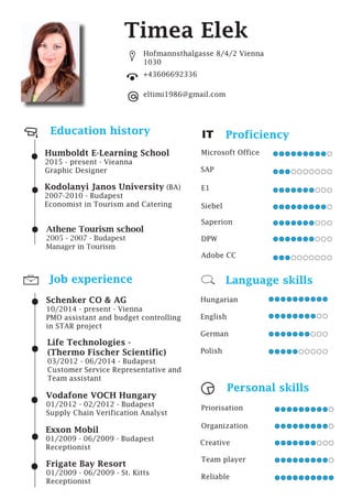Timea Elek
Education history IT Proficiency
Athene Tourism school	
2005 - 2007 - Budapest
Manager in Tourism
Kodolanyi Janos University (BA)
2007-2010 - Budapest
Economist in Tourism and Catering
Humboldt E-Learning School
2015 - present - Vieanna
Graphic Designer
Schenker CO & AG
10/2014 - present - Vienna
PMO assistant and budget controlling
in STAR project
Life Technologies -
(Thermo Fischer Scientific)
03/2012 - 06/2014 - Budapest
Customer Service Representative and
Team assistant
Vodafone VOCH Hungary
01/2012 - 02/2012 - Budapest
Supply Chain Verification Analyst
Exxon Mobil
01/2009 - 06/2009 - Budapest
Receptionist
Personal skills
Microsoft Office
SAP
E1
Siebel
Saperion
DPW
Adobe CC
Job experience
Frigate Bay Resort
06/2009 - 09/2009 - St. Kitts
Internship
Priorisation
Organization
Creative
Team player
Reliable
Hofmannsthalgasse 8/4/2 Vienna
1030
+43606692336
eltimi1986@gmail.com
Hungarian
English
German
Polish
Language skills
 
