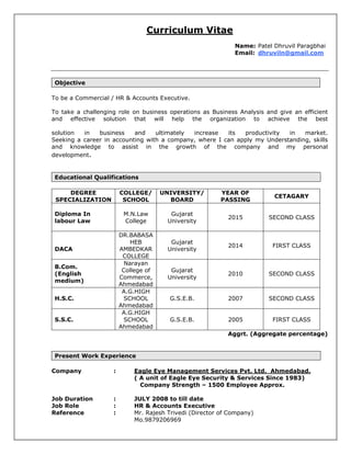 Curriculum Vitae
Name: Patel Dhruvil Paragbhai
Email: dhruviln@gmail.com
Objective
To be a Commercial / HR & Accounts Executive.
To take a challenging role on business operations as Business Analysis and give an efficient
and effective solution that will help the organization to achieve the best
solution in business and ultimately increase its productivity in market.
Seeking a career in accounting with a company, where I can apply my Understanding, skills
and knowledge to assist in the growth of the company and my personal
development.
DEGREE
SPECIALIZATION
COLLEGE/
SCHOOL
UNIVERSITY/
BOARD
YEAR OF
PASSING
CETAGARY
Diploma In
labour Law
M.N.Law
College
Gujarat
University
2015 SECOND CLASS
DACA
DR.BABASA
HEB
AMBEDKAR
COLLEGE
Gujarat
University
2014 FIRST CLASS
B.Com.
(English
medium)
Narayan
College of
Commerce,
Ahmedabad
Gujarat
University
2010 SECOND CLASS
H.S.C.
A.G.HIGH
SCHOOL
Ahmedabad
G.S.E.B. 2007 SECOND CLASS
S.S.C.
A.G.HIGH
SCHOOL
Ahmedabad
G.S.E.B. 2005 FIRST CLASS
Aggrt. (Aggregate percentage)
Present Work Experience
Company : Eagle Eye Management Services Pvt. Ltd. Ahmedabad.
( A unit of Eagle Eye Security & Services Since 1983)
Company Strength – 1500 Employee Approx.
Job Duration : JULY 2008 to till date
Job Role : HR & Accounts Executive
Reference : Mr. Rajesh Trivedi (Director of Company)
Mo.9879206969
Educational Qualifications
 
