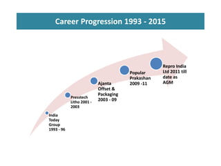 Career Progression 1993 - 2015
India
Today
Group
1993 - 96
Presstech
Litho 2001 -
2003
Ajanta
Offset &
Packaging
2003 - 09
Popular
Prakashan
2009 -11
Repro India
Ltd 2011 till
date as
AGM
 